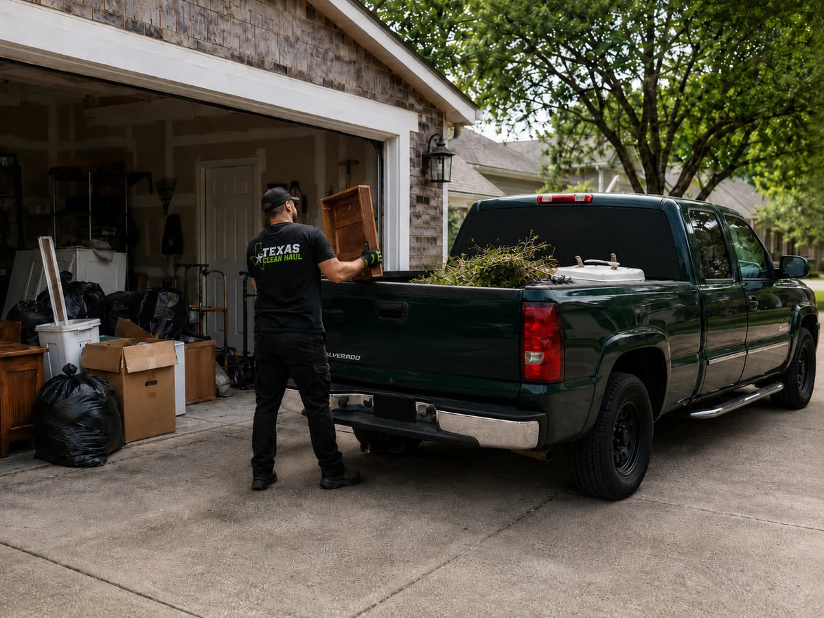 Garage cleanout in progress with Texas Clean Haul pickup